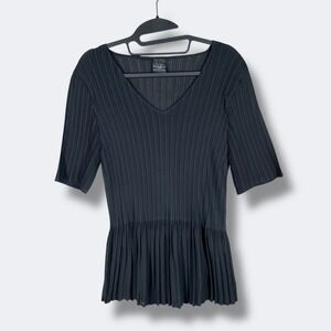 Magic Scarf Mini Pleats S/s Blouse Top Womens One Size Black Y2K Quiet Luxury